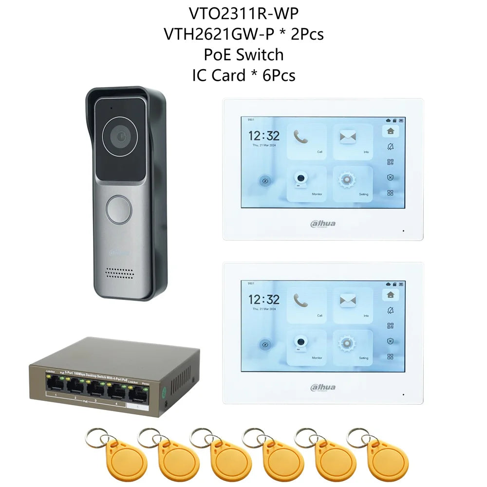 Dahua IP-Türsprechanlagen-KIT mit RFID, Touchmonitor VTO2311R-WP + VTH2621GW-P + PoE-Switch