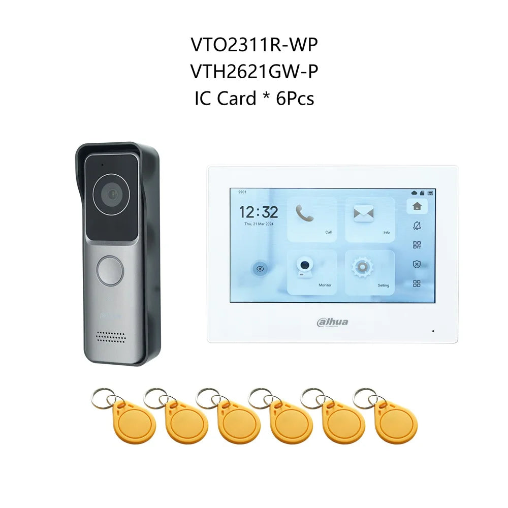 Dahua IP-Türsprechanlagen-KIT mit RFID, Touchmonitor VTO2311R-WP + VTH2621GW-P + PoE-Switch
