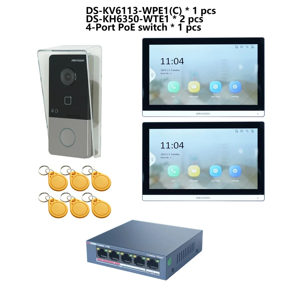 Hikvision Video-Gegensprechanlage-Kit mit DS-KV6113-WPE1(C) & DS-KH6350-WTE1 – IP-Türsprechanlage mit PoE & Touchscreen-Monitor
