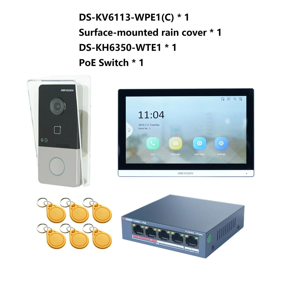 Hikvision Video-Gegensprechanlage-Kit mit DS-KV6113-WPE1(C) & DS-KH6350-WTE1 – IP-Türsprechanlage mit PoE & Touchscreen-Monitor