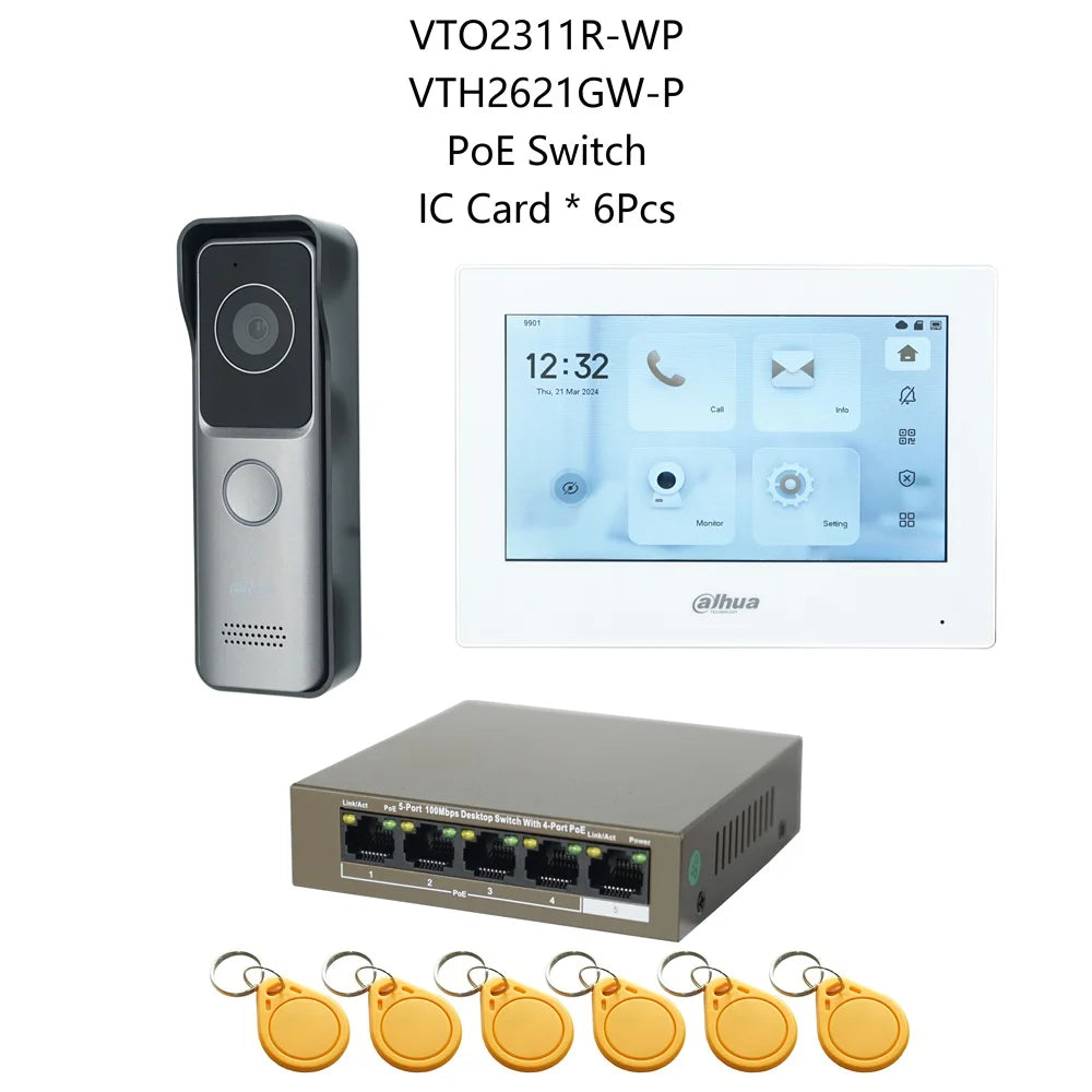 Dahua IP-Türsprechanlagen-KIT mit RFID, Touchmonitor VTO2311R-WP + VTH2621GW-P + PoE-Switch