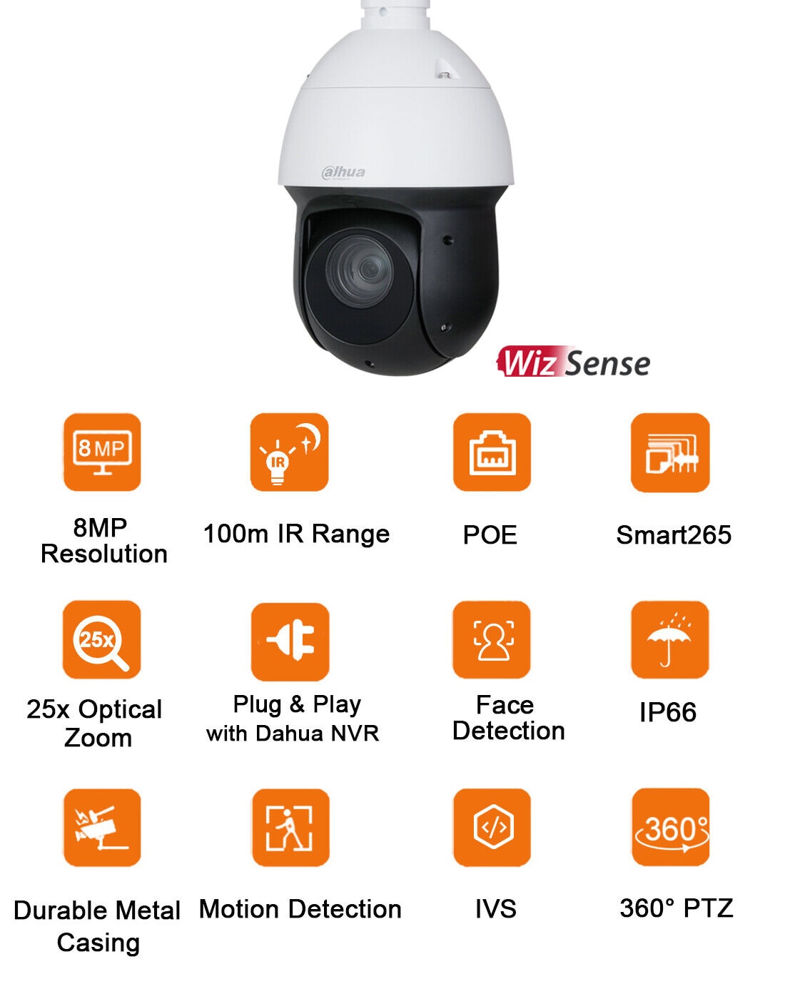 Dahua 8MP PTZ Künstliche Intelligenz Überwachungskamera 25X Starlight IR WizSense OEM von SD49825XB-HNR