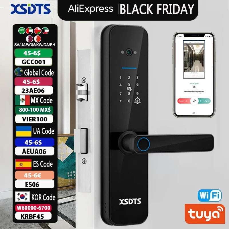 XSDTS Tuya Wifi Digital Electronic Smart Door Lock With Biometric Camera Fingerprint Smart Card Password Key Unlock