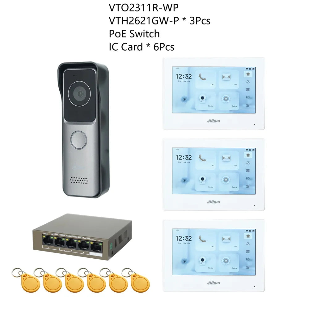 Dahua IP-Türsprechanlagen-KIT mit RFID, Touchmonitor VTO2311R-WP + VTH2621GW-P + PoE-Switch