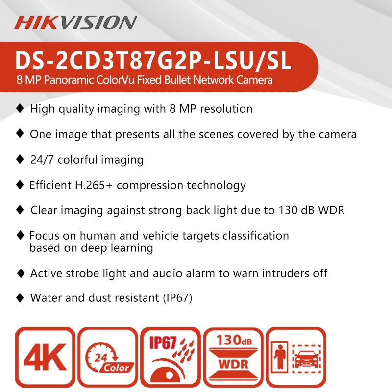 Hikvision 8MP 4K Panoramakamera DS-2CD3T87G2P-LSU/SL mit ColorVu & aktivem Licht-/Ton-Alarm