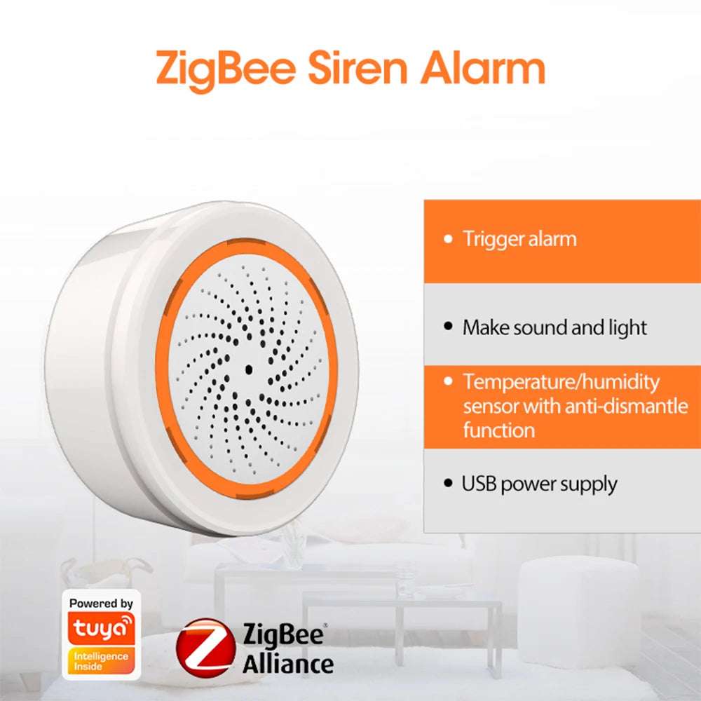 Tuya Zigbee Smart Siren Alarm Temperature Humidity Sensor Home Security with Strobe Alerts Works With TUYA Smart Hub