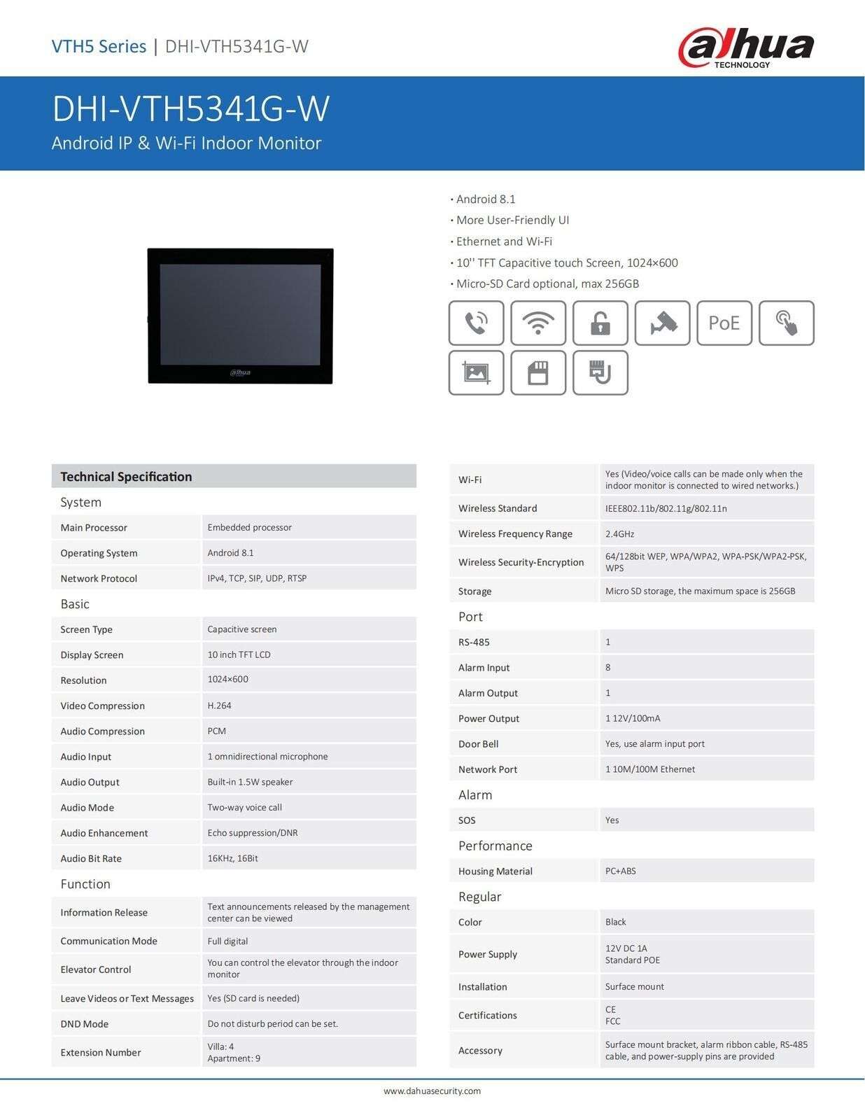 Dahua VTH5341G-W Android POE 10 Zoll Intercom- Digital Eingebauter Lautsprecher Drahtlose Türklingel Smart Home Sicherheit